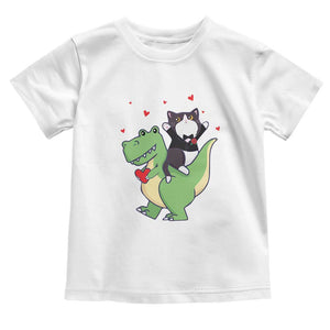 Valentine's Day Toddler T Shirt Cat Riding Dinosaur Cool Tuxedo On Suit And Take Rose TS09 White Print Your Wear