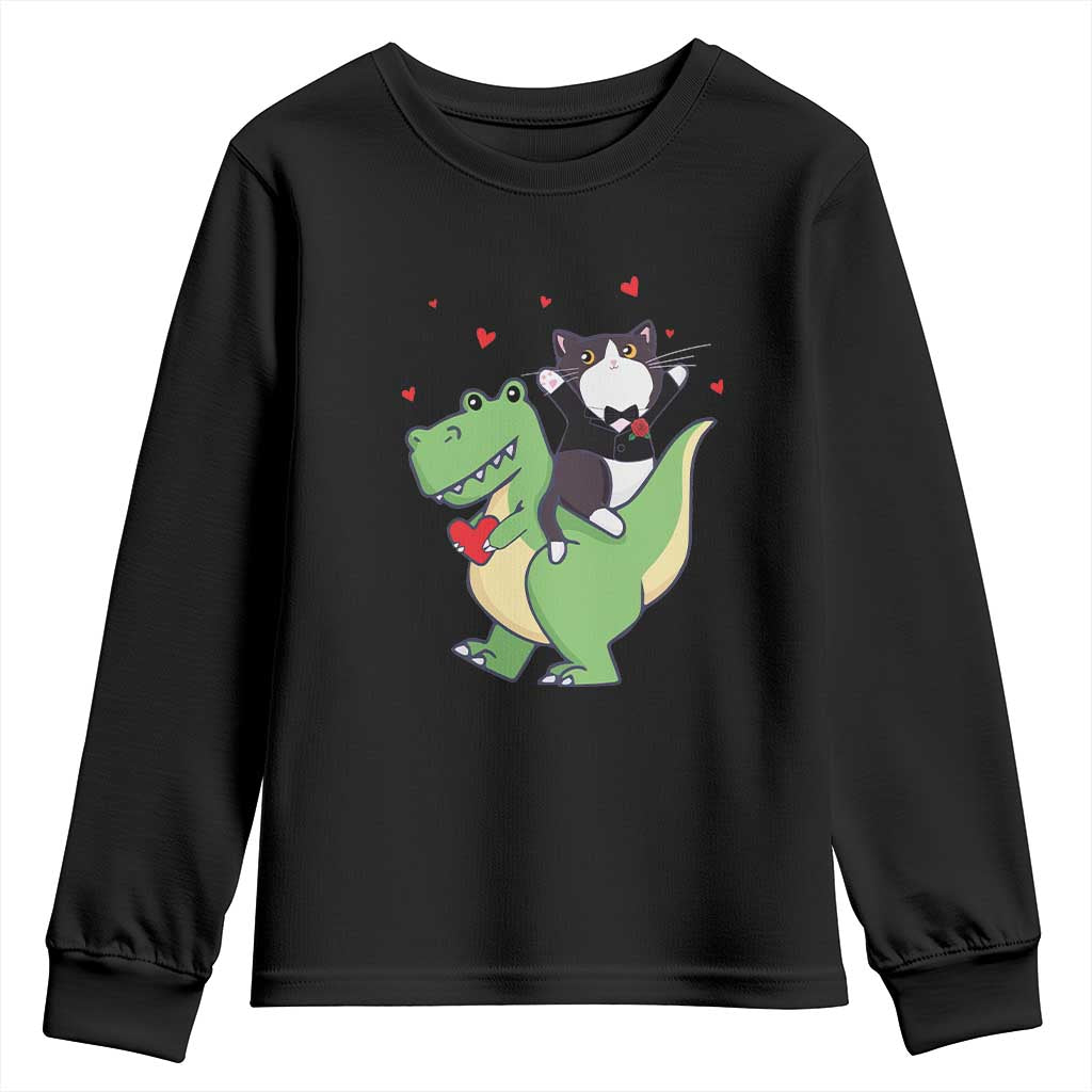 Valentine's Day Youth Sweatshirt Cat Riding Dinosaur Cool Tuxedo On Suit And Take Rose TS09 Black Print Your Wear