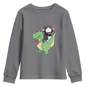 Valentine's Day Youth Sweatshirt Cat Riding Dinosaur Cool Tuxedo On Suit And Take Rose TS09 Charcoal Print Your Wear