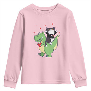 Valentine's Day Youth Sweatshirt Cat Riding Dinosaur Cool Tuxedo On Suit And Take Rose TS09 Light Pink Print Your Wear