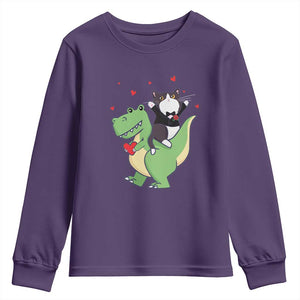 Valentine's Day Youth Sweatshirt Cat Riding Dinosaur Cool Tuxedo On Suit And Take Rose TS09 Purple Print Your Wear