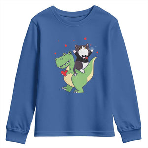 Valentine's Day Youth Sweatshirt Cat Riding Dinosaur Cool Tuxedo On Suit And Take Rose TS09 Royal Blue Print Your Wear