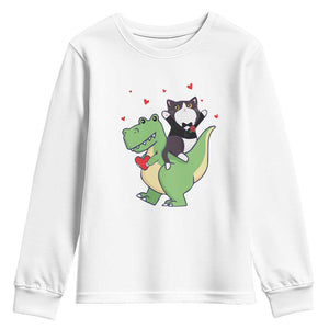 Valentine's Day Youth Sweatshirt Cat Riding Dinosaur Cool Tuxedo On Suit And Take Rose TS09 White Print Your Wear