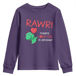 Valentine's Day Youth Sweatshirt Rawr Means Love You in Dinosaur Cute Heart Ballon TS09 Purple Print Your Wear