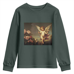 Valentine's Day Youth Sweatshirt Cupid Cherubs Art Valentine Angel Rose Garden Aesthetic TS09 Dark Forest Green Print Your Wear