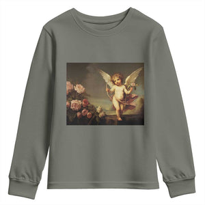 Valentine's Day Youth Sweatshirt Cupid Cherubs Art Valentine Angel Rose Garden Aesthetic TS09 Military Green Print Your Wear