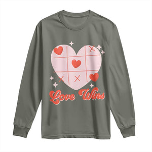 Valentine's Day Long Sleeve Shirt Love Always Wins Funny Heart Tic Tac Toe TS09 Military Green Print Your Wear