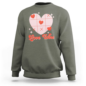 Valentine's Day Sweatshirt Love Always Wins Funny Heart Tic Tac Toe TS09 Military Green Printyourwear