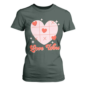 Valentine's Day T Shirt For Women Love Always Wins Funny Heart Tic Tac Toe TS09 Dark Forest Green Print Your Wear