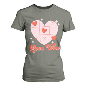 Valentine's Day T Shirt For Women Love Always Wins Funny Heart Tic Tac Toe TS09 Military Green Print Your Wear