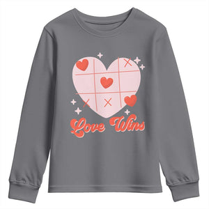 Valentine's Day Youth Sweatshirt Love Always Wins Funny Heart Tic Tac Toe TS09 Charcoal Print Your Wear