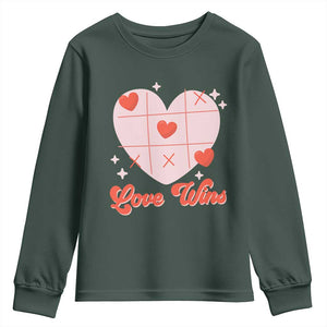 Valentine's Day Youth Sweatshirt Love Always Wins Funny Heart Tic Tac Toe TS09 Dark Forest Green Print Your Wear