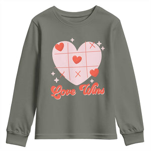 Valentine's Day Youth Sweatshirt Love Always Wins Funny Heart Tic Tac Toe TS09 Military Green Print Your Wear