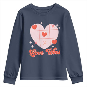 Valentine's Day Youth Sweatshirt Love Always Wins Funny Heart Tic Tac Toe TS09 Navy Print Your Wear