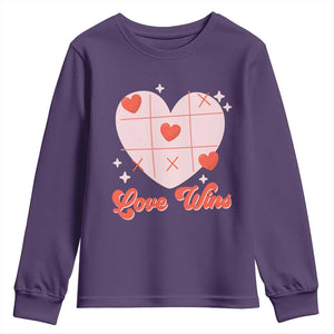 Valentine's Day Youth Sweatshirt Love Always Wins Funny Heart Tic Tac Toe TS09 Purple Print Your Wear