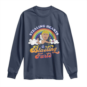 Funny Valentine's Day Cupid Trump Long Sleeve Shirt Stealing Hearts And Blasting Fart TS09 Navy Print Your Wear