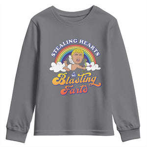 Funny Valentine's Day Cupid Trump Youth Sweatshirt Stealing Hearts And Blasting Fart TS09 Charcoal Print Your Wear