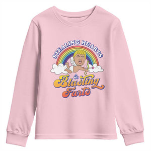 Funny Valentine's Day Cupid Trump Youth Sweatshirt Stealing Hearts And Blasting Fart TS09 Light Pink Print Your Wear