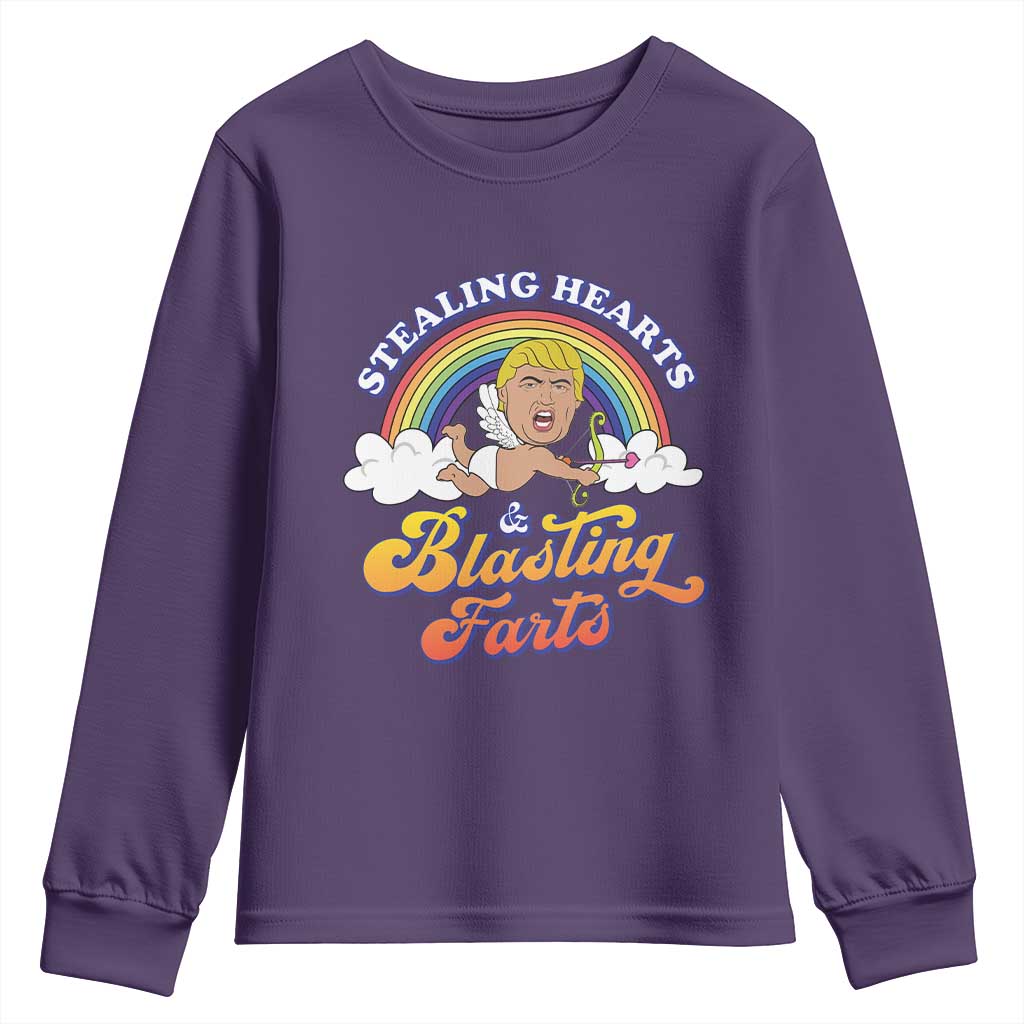 Funny Valentine's Day Cupid Trump Youth Sweatshirt Stealing Hearts And Blasting Fart TS09 Purple Print Your Wear
