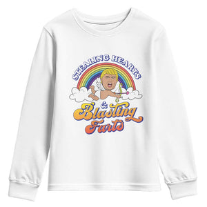 Funny Valentine's Day Cupid Trump Youth Sweatshirt Stealing Hearts And Blasting Fart TS09 White Print Your Wear