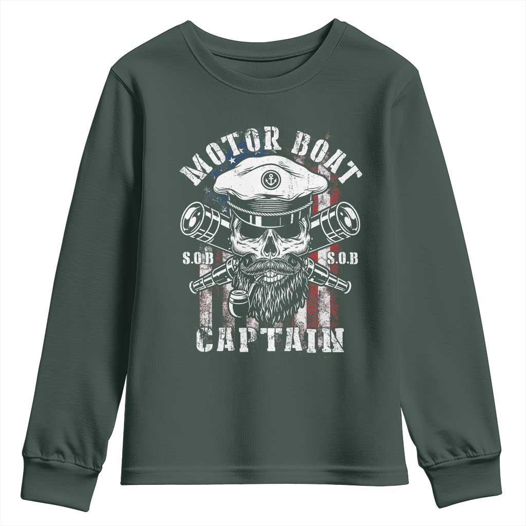 Motor Boat Captain Youth Sweatshirt Patriotic American Flag TS09 Dark Forest Green Print Your Wear
