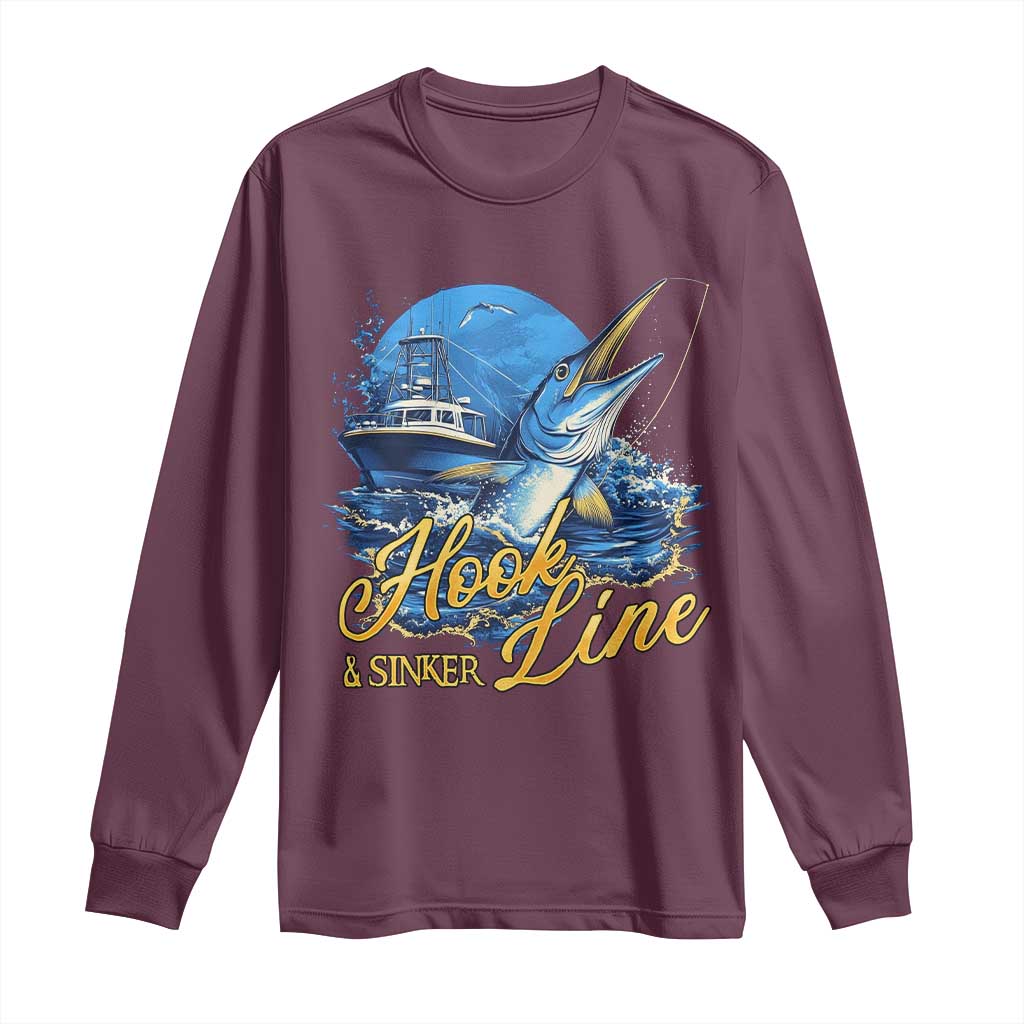 Fishing Boat Long Sleeve Shirt Hook Line and Sinker TS09 Maroon Print Your Wear
