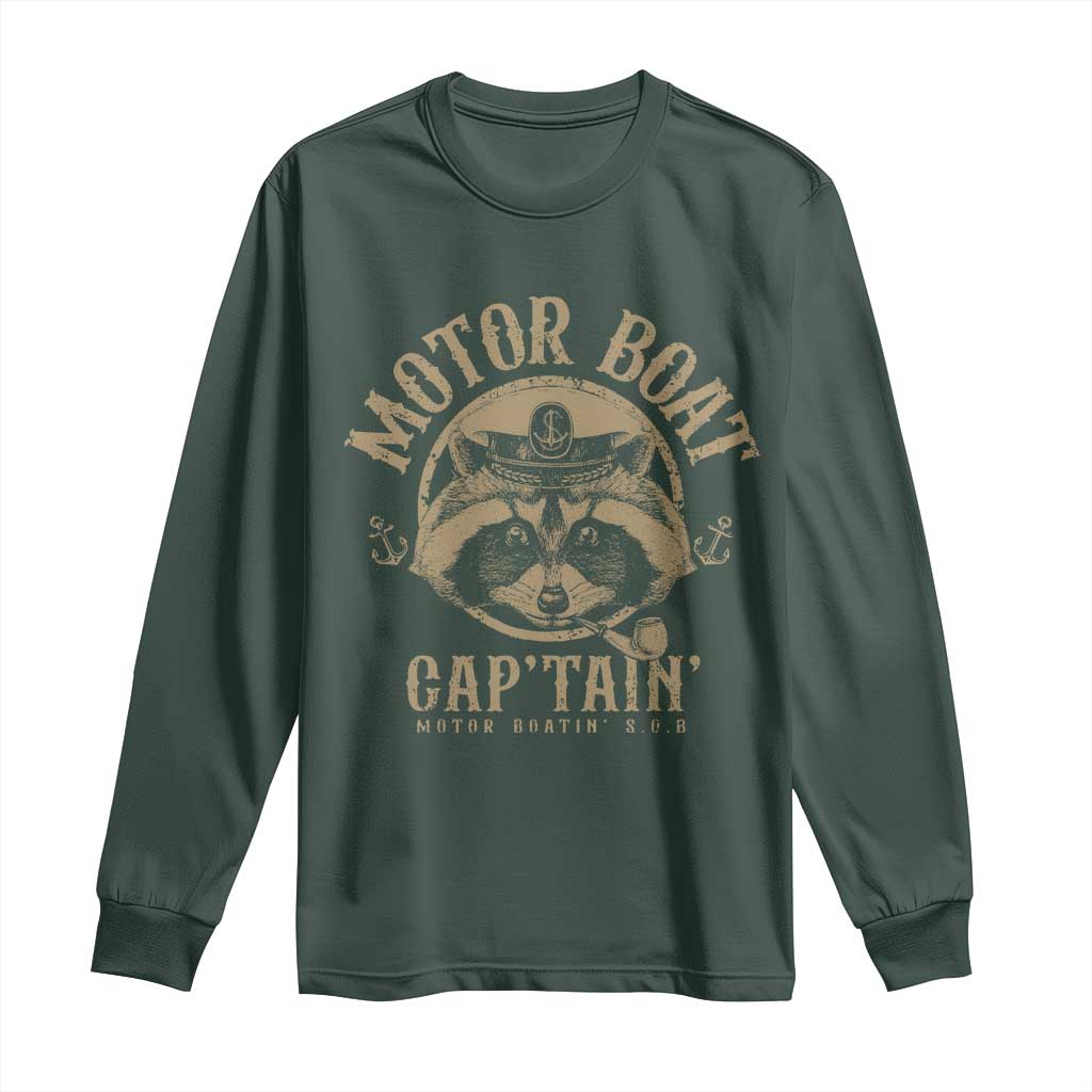 Funny Raccoon Motor Boat Captain Long Sleeve Shirt TS09 Dark Forest Green Print Your Wear