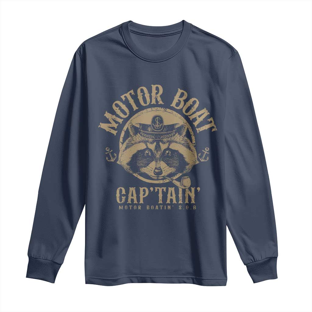 Funny Raccoon Motor Boat Captain Long Sleeve Shirt TS09 Navy Print Your Wear
