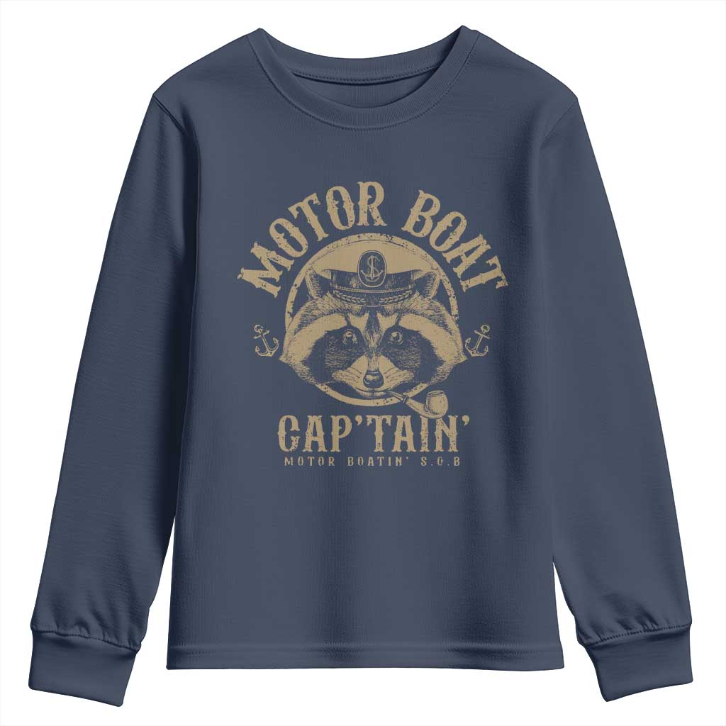Funny Raccoon Motor Boat Captain Youth Sweatshirt TS09 Navy Print Your Wear