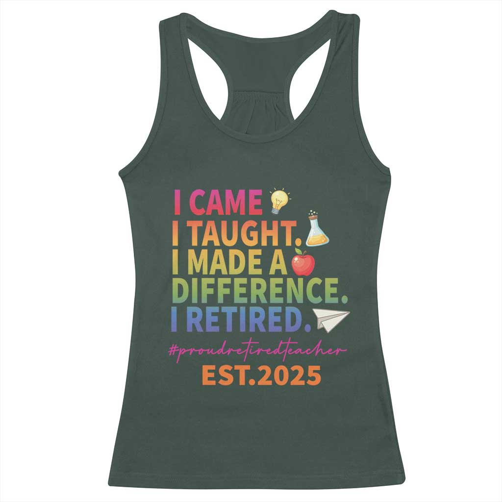 Funny Teacher Retirement 2025 Racerback Tank Top Came Taught Made Difference Retired TS09 Dark Forest Green Print Your Wear