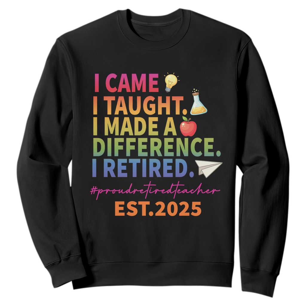 Funny Teacher Retirement 2025 Sweatshirt Came Taught Made Difference Retired TS09 Black Print Your Wear