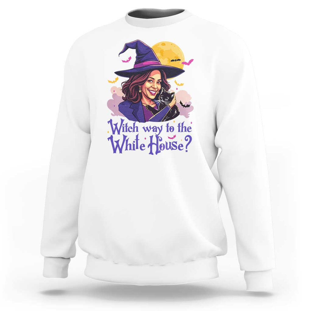 Funny Halloween Witch Kamala Sweatshirt Witch Way To The White House TS09 White Print Your Wear