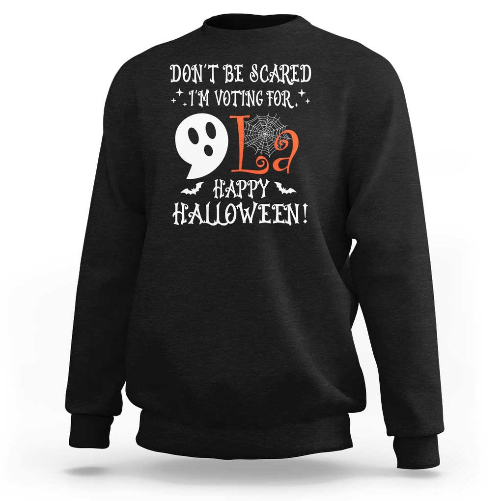 Funny Halloween Harris Sweatshirt Don't Be Scared I'm Voting For Kamala Comma Cute Ghost TS09 Black Print Your Wear