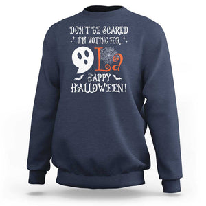 Funny Halloween Harris Sweatshirt Don't Be Scared I'm Voting For Kamala Comma Cute Ghost TS09 Navy Print Your Wear