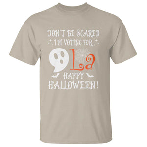 Funny Halloween Harris T Shirt Don't Be Scared I'm Voting For Kamala Comma Cute Ghost TS09 Sand Print Your Wear