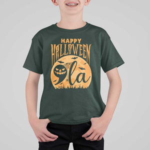 Funny Happy Halloween Comma La Harris T Shirt For Kid Kamala Support Pumkin Spooky Season TS09 Dark Forest Green Print Your Wear