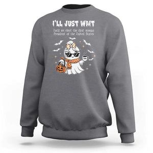 Funny Halloween Kamala 2024 Sweatshirt Ill just Wait President Election Cute Ghost Boo TS09 Charcoal Print Your Wear