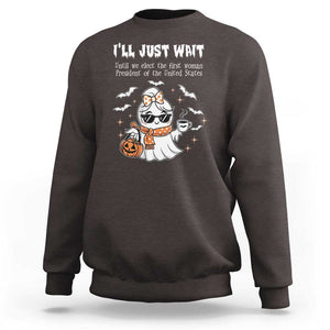 Funny Halloween Kamala 2024 Sweatshirt Ill just Wait President Election Cute Ghost Boo TS09 Dark Chocolate Print Your Wear