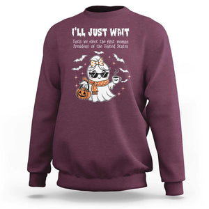 Funny Halloween Kamala 2024 Sweatshirt Ill just Wait President Election Cute Ghost Boo TS09 Maroon Print Your Wear