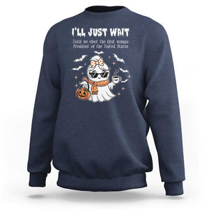 Funny Halloween Kamala 2024 Sweatshirt Ill just Wait President Election Cute Ghost Boo TS09 Navy Print Your Wear