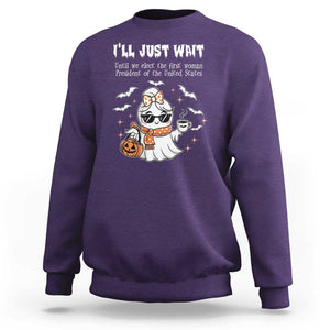 Funny Halloween Kamala 2024 Sweatshirt Ill just Wait President Election Cute Ghost Boo TS09 Purple Print Your Wear