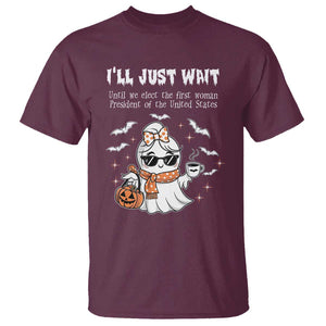 Funny Halloween Kamala 2024 T Shirt Ill just Wait President Election Cute Ghost Boo TS09 Maroon Print Your Wear