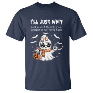 Funny Halloween Kamala 2024 T Shirt Ill just Wait President Election Cute Ghost Boo TS09 Navy Print Your Wear