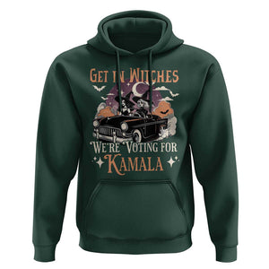 Funny Halloween Witch For Harris Hoodie Get In Witches We're Voting For Kamala TS09 Dark Forest Green Print Your Wear