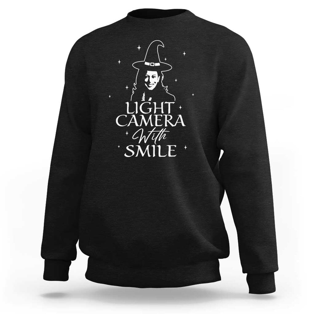 Funny Halloween Witch Kamala Sweatshirt Light Camera Witch Smile Harris 2024 TS09 Black Print Your Wear