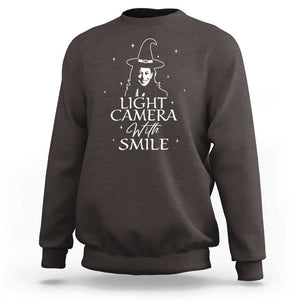 Funny Halloween Witch Kamala Sweatshirt Light Camera Witch Smile Harris 2024 TS09 Dark Chocolate Print Your Wear