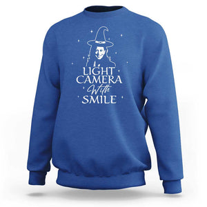 Funny Halloween Witch Kamala Sweatshirt Light Camera Witch Smile Harris 2024 TS09 Royal Blue Print Your Wear