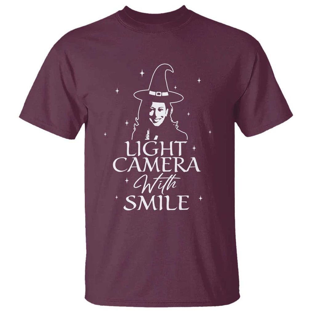 Funny Halloween Witch Kamala T Shirt Light Camera Witch Smile Harris 2024 TS09 Maroon Print Your Wear