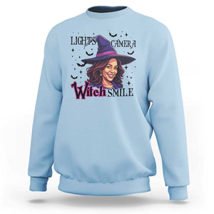 Funny Halloween Witch Harris Sweatshirt Light Camera Witch Smile Kamala Support TS09 Light Blue Print Your Wear