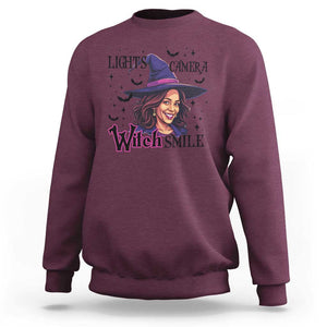 Funny Halloween Witch Harris Sweatshirt Light Camera Witch Smile Kamala Support TS09 Maroon Print Your Wear